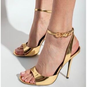 VERSACE Metallic Gold Safety Pin High-Heel Leather Sandals